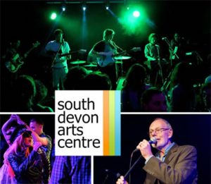 A photo collage of people singing and playing in a band, advertising the South Devon Arts Centre.
